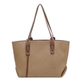 Bolso tote minimalista grande de cuero trenzado marrón con correas de hombro largas - Caqui