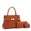 Ensemble 3 pièces pour femme avec sac à main et pochettes en cuir marron orangé à motif croco - Set de 3 pièces / Fauve