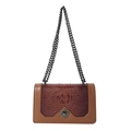 Brown faux crocodile leather crossbody bag with dark red trim and metal chain strap - Brown