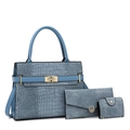 Light blue faux crocodile skin pattern handbag three-piece set with golden metal hardware - Three-Piece Set / Blue