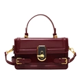 French style minimalist burgundy crossbody bag with glossy patent leather and gold clasp - Burgundy