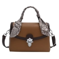 Brown lychee leather handbag with vintage silver lock and paisley scarf wrapped handle - Yellow