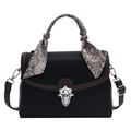 Black lychee leather crossbody bag with brown trim and floral scarf handle wrap - Black