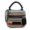 Mini borsa a mano intrecciata a righe colorate con manici in pelle e tracolla catena - Nero