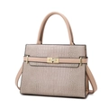Beige crocodile embossed handbag with smooth pink handles and gold metal hardware - Single Bag / Khaki