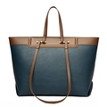 Minimalist navy blue and brown contrast tote bag with premium lychee grain leather texture - Blue