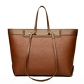 Brown large-capacity tote bag in lychee texture leather with double shoulder straps - Red Brown