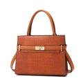 Orange faux crocodile leather tote bag with top handle and gold-tone twist lock - Single Bag / Tan