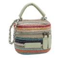 Mini borsa a mano in tessuto a righe multicolore con manico in pelle verde e tracolla - Verde