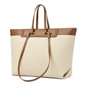 Bolso tote bicolor beige y marrón oscuro con asas dobles y detalles metálicos dorados - Blanco