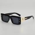 Retro black square sunglasses with gold chain detail on temples and dark lenses - Black Frame Grey Lens
