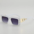 Retro small white rectangular sunglasses with purple gradient lenses and gold chain - White Frame Gray Lens