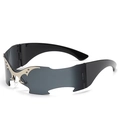 Y2K punk frameless oversized batwing sunglasses with silver metal flame detail - One Size / Grey Lens