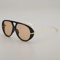 Black aviator sunglasses with double-bridge frame and translucent tea-colored lenses - Black Frame Light Tea Lens