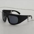 Lunettes de soleil Y2K oversize noires avec une chaîne en métal argenté amovible - Monture Noire Verres Gris