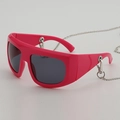 Lunettes de soleil Y2K rose vif surdimensionnées avec chaîne métallique argentée chic - Monture Rose Lentille Grise