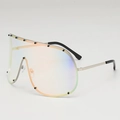 Oversized futuristic shield sunglasses with iridescent gradient lenses and rivet studs - Silver Frame Red Mirror Lens