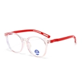 Kids round blue light blocking glasses with transparent frames and bright red temples - Translucent Pink Frame Red Legs