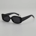 Modern black rectangle sunglasses with thick glossy frames and silver metal ring accents - Black Frame Grey Lens