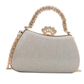 Elegante borsa da sera con glitter argento con dettagli dorati e manico in strass - Argento