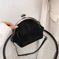 Elegant black rhinestone evening clutch bag with ball clasp and leather chain strap - Black