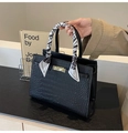 Elegant black crocodile pattern tote bag with decorative geometric silk scarf handle - Black