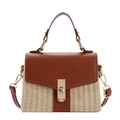 Minimalist woven handbag with brown leather flap and gold metal clasp in front view - Dark Brown