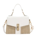 Minimalist woven handbag with white leather patchwork and metallic clasp on white background - White