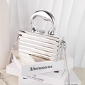 Silver metallic hard shell handbag with striped texture and elegant curved handle - Silver Stripe