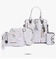 Detailed four-piece white PU leather bag set with letter texture and leopard accents - White