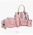 Pink four-piece handbag set featuring tote with cat charm and leopard print detail - Pink