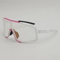 White cycling sunglasses with pink trim and large wrap-around lens for outdoor sports - Matte White Frame Pink Bridge Purple Mirror Lens
