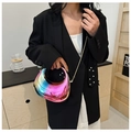 Detail of a holographic gradient crossbody bag with a sleek metallic finish and gold chain - Colorful