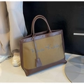 Olive green canvas tote bag with brown leather trim and Frida Kahlo embroidery - Brown