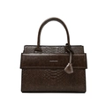 Deep brown faux snakeskin shoulder bag with top handles and silver metal logo on front - Stitched Embossed Handheld Style / Dark Coffee