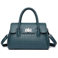 Deep green crocodile embossed handbag with woven handle and metallic turn-lock - Blue