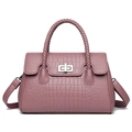 Crocodile embossed dusty rose handbag with woven handle and silver metal clasp lock - Pink
