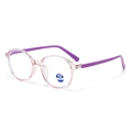 Kids round blue light blocking glasses with clear pink frames and purple temples - C7 Light Purple Frame Purple Temples