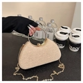 Champagne gold lace texture party clutch bag with metallic ring handle and chain strap - Gold