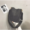 Chic black bucket bag with white contrast stitching and gold metal hardware - Black