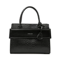 Minimalist black faux snake skin shoulder bag with elegant silver logo and top handles - Stitched Embossed Handheld Style / Black
