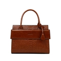 Brown crocodile embossed handbag with metal logo and curved handle in minimalist style - Stitched Embossed Handheld Style / Caramel color