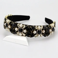 Baroque wide headband with black crystals, white pearls and gold metal claw setting - Black