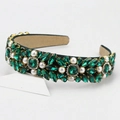 Baroque emerald crystal and pearl headband with gold metal floral base and white support - Green