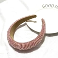 Detail of pink crystal beaded headband showing intricate handmade texture and soft fabric liner - Pink