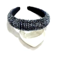 Detail of dark crystal beaded wide headband with faceted grey stones on a white tray - Navy Blue