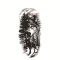 Wolf totem tattoo sticker FF-191 featuring full moon and pine forest sketch design - Wolf King Pine Moon (FF-191)