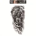 Waterproof tattoo sticker with Spartan warrior, clock dial, and trident in black sketch - Spartan Warrior Clock (FF-194)