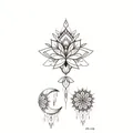 Waterproof temporary tattoo sheet with black mandala lotus and ornate crescent moon designs - Mandala Lotus Pendant (FF-119)
