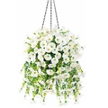 Artificial white morning glory hanging basket with green leaves and black metal chains - White